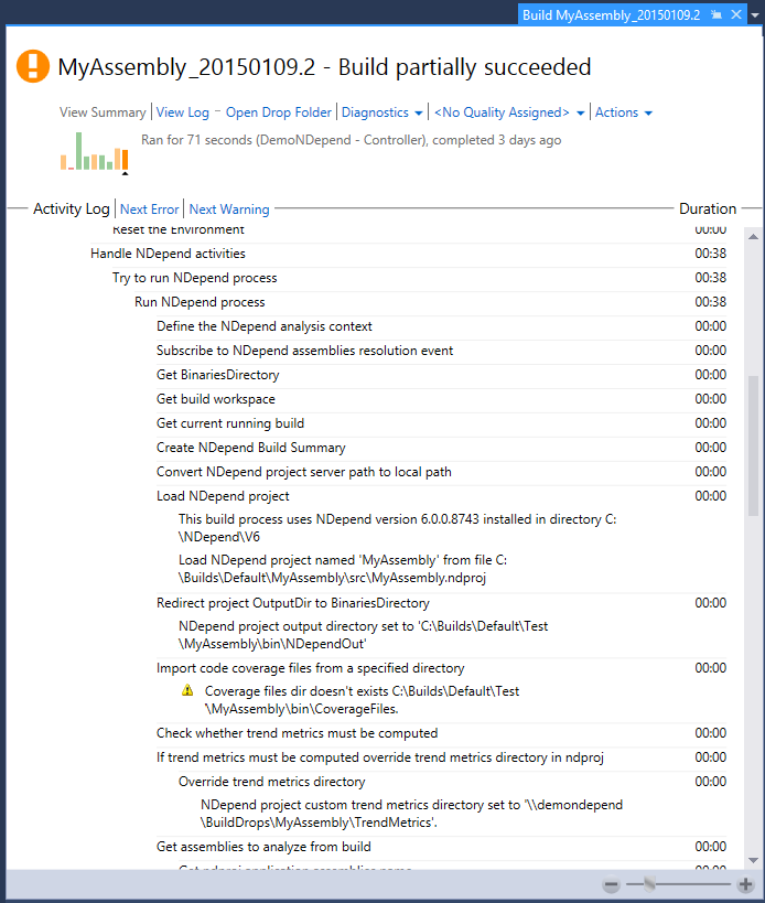 ndepend tfs integration logs