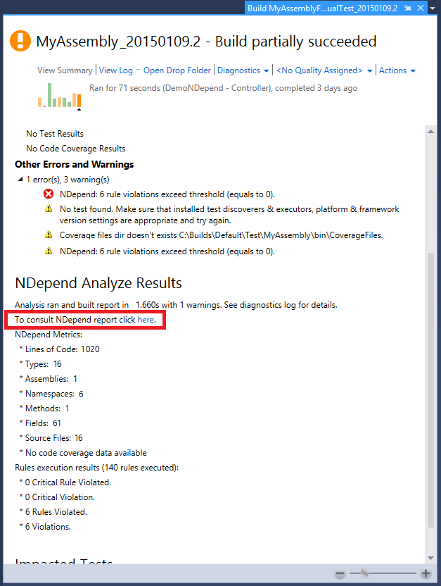 ndepend tfs integration build summary logs