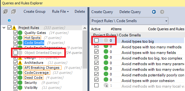 Disabling a rule in the Rules Explorer panel
