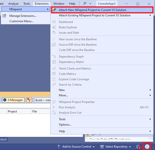 attach new ndepend project to the current visual studio solution menu