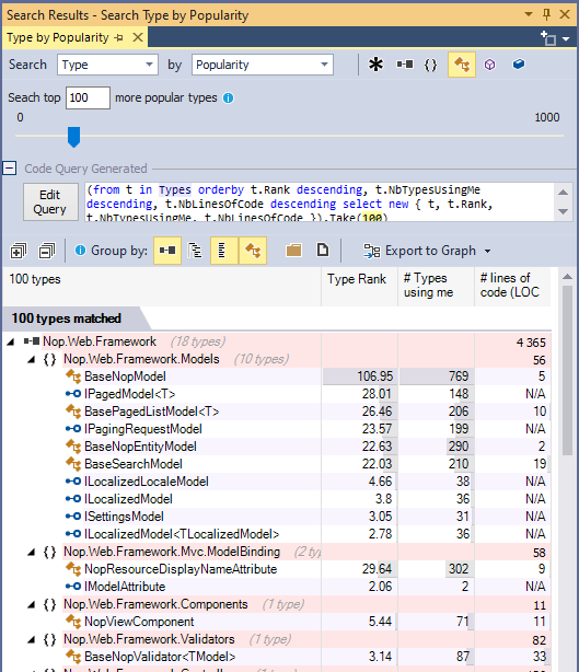 ndepend search classes by popularity with code query generation