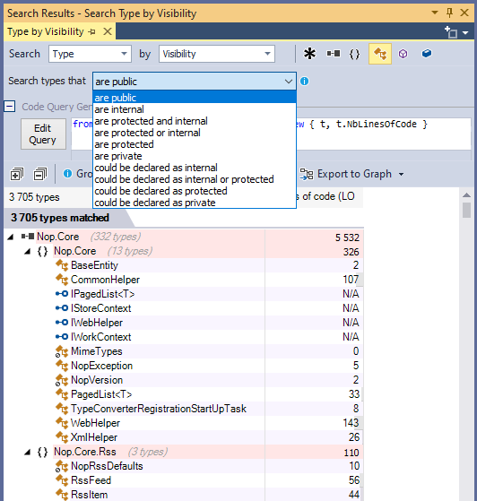 ndepend search classes by visibility with code query generation