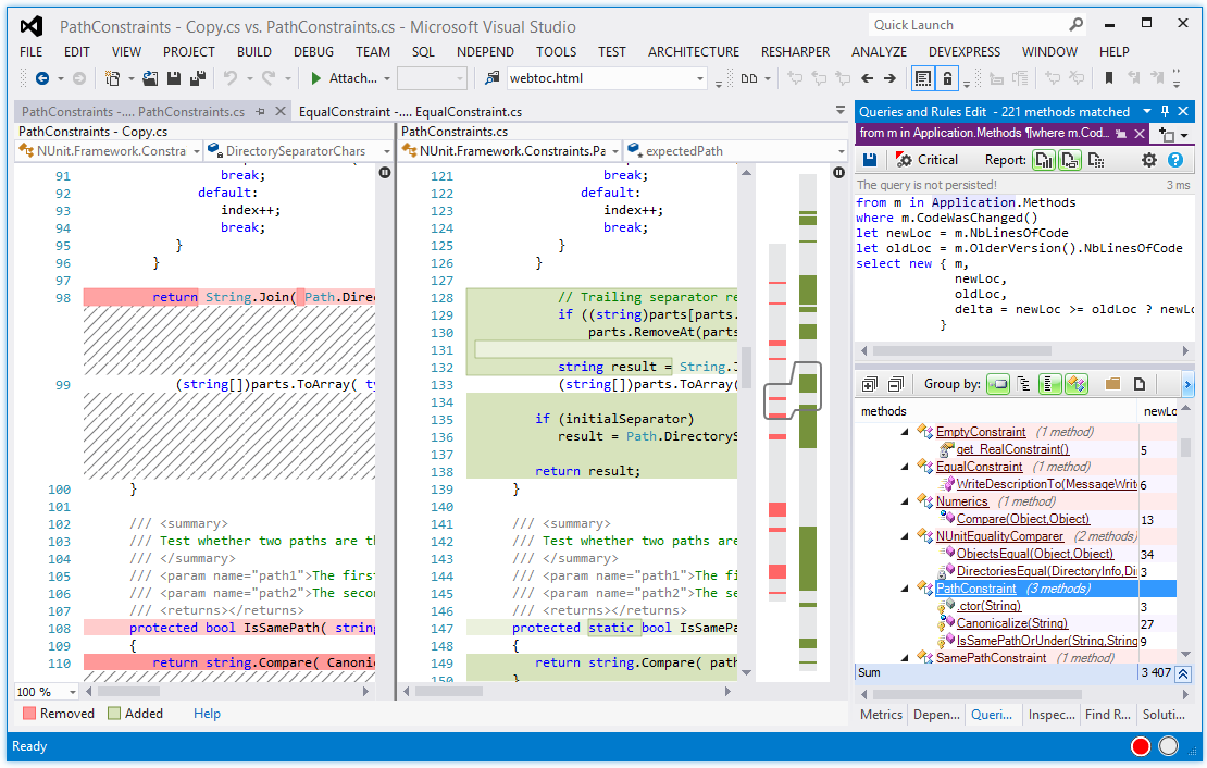 Selecting the list of methods where code was changed between 2 versions and visualizing source code modifications