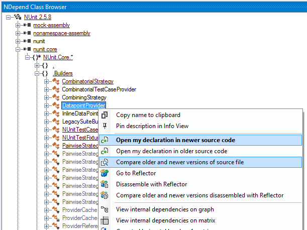 Compare older and newer versions of source file ndepend menu