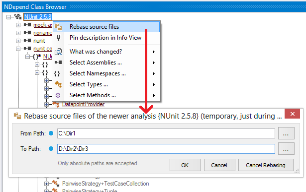 ndepend class browser rebase source file during analysis