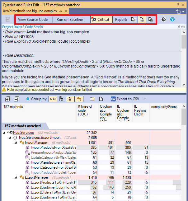 ndepend report flags for code query