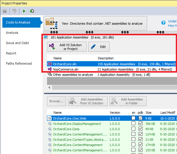 ndepend project can reference assemblies and visual studio solution