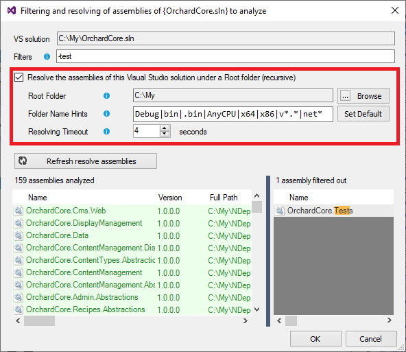 Edit dialog to resolve and filter visual studio assemblies in a root folder