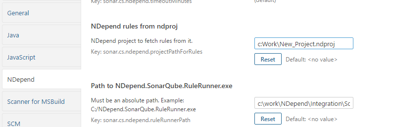 NDepend plugin SonarQube UI settings