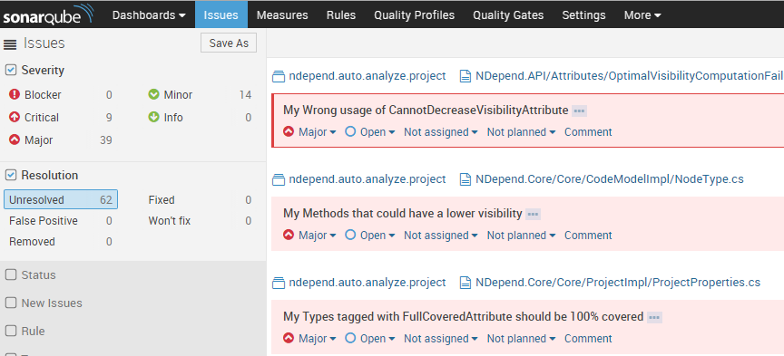 Browse NDepend Rules Issues in the SonarQube UI