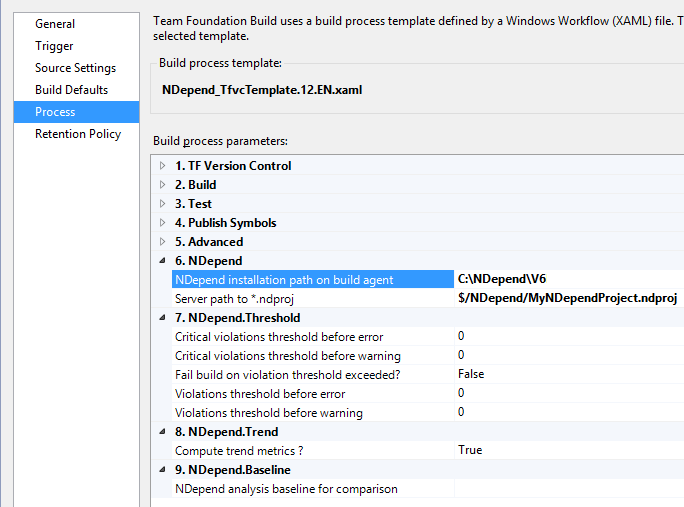 ndepend tfs integration customize process tab
