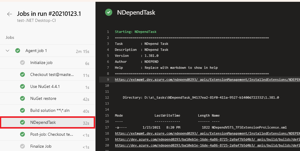 Azure DevOps NDepend Task Logs