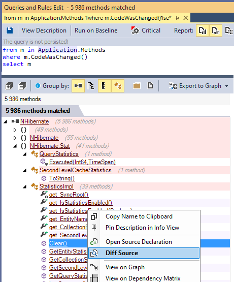 ndepend code query related to code delta since baseline