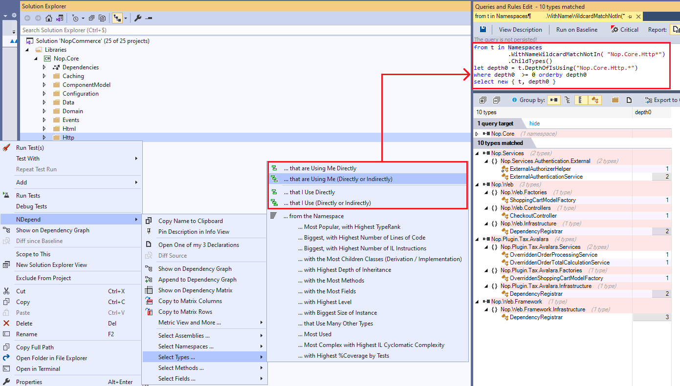 ndepend right click menu to query indirect dependencies