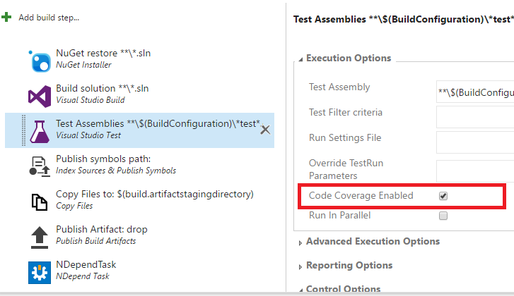 enable code coverage in the ndepend azure devops extension