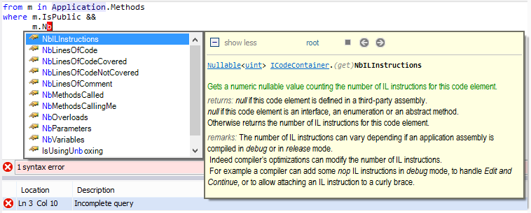 The NDepend code editor proposes both code completion and documentation
