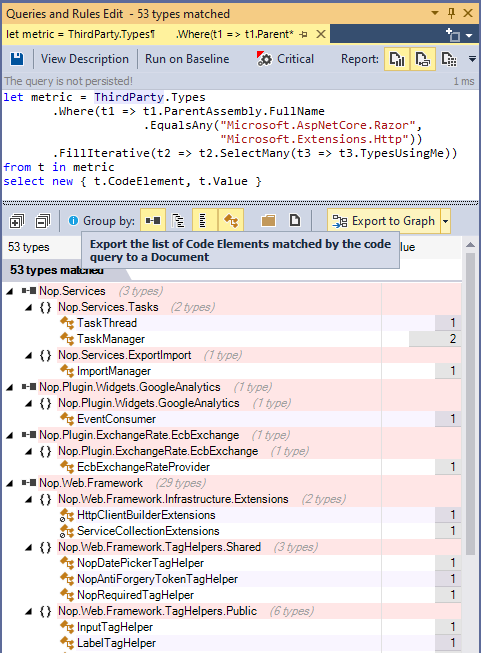 Code Query Generated to Obtain Classes Involved in the Coupling between 2 Projects