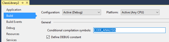 define conditional compilation symbol CODE_ANALYSIS