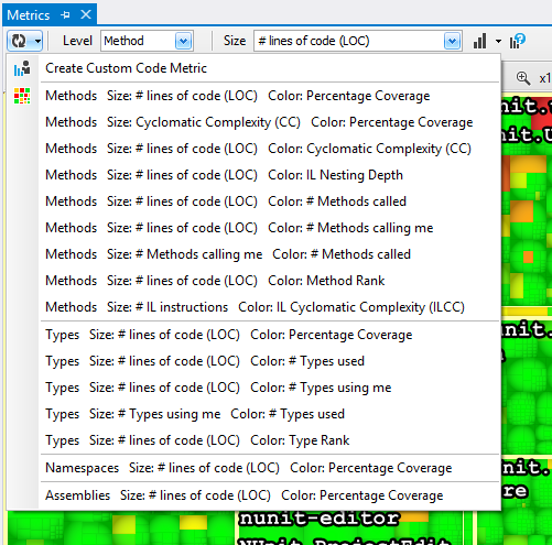 ndepend metric treemap visualization size/color metrics pairs