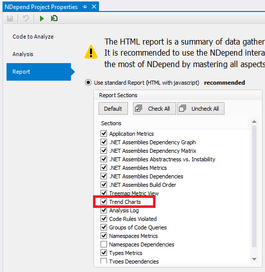 NDepend Trend Charts in Report