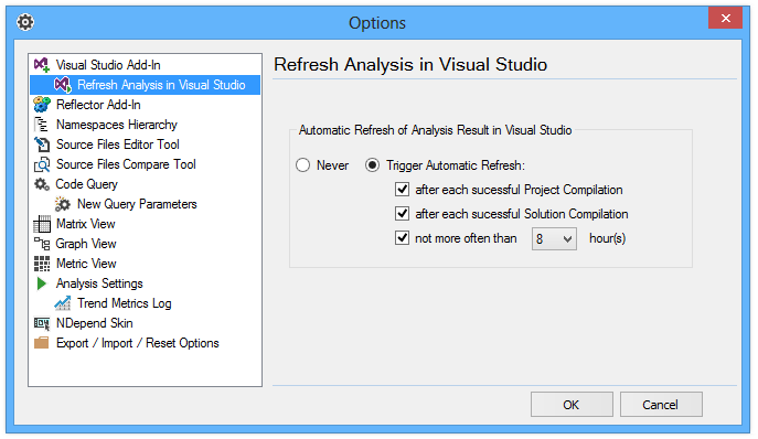 ndepend analysis refresh in visual studio option panel