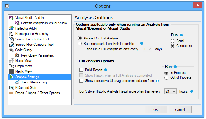ndepend analysis execution in visual studio option panel