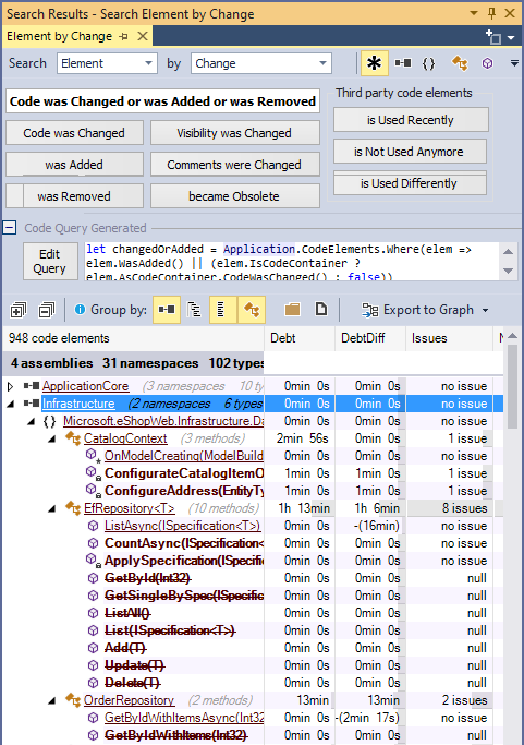 ndepend search within the code delta since the baseline with code query generation