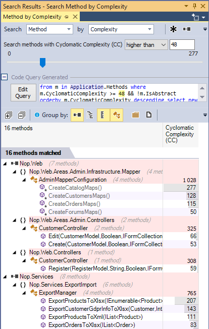 ndepend search methods by complexity with code query generation