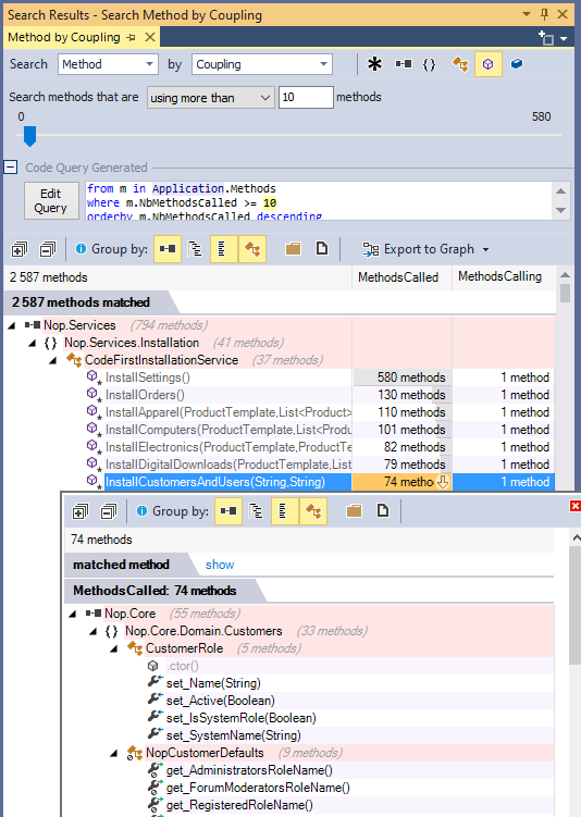 ndepend explore methods coupling with code query generation