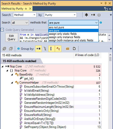 ndepend search methods by purity with code query generation