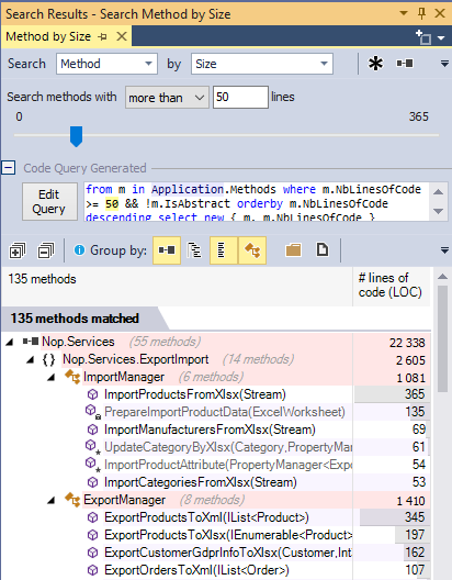 ndepend search methods by size with code query generation