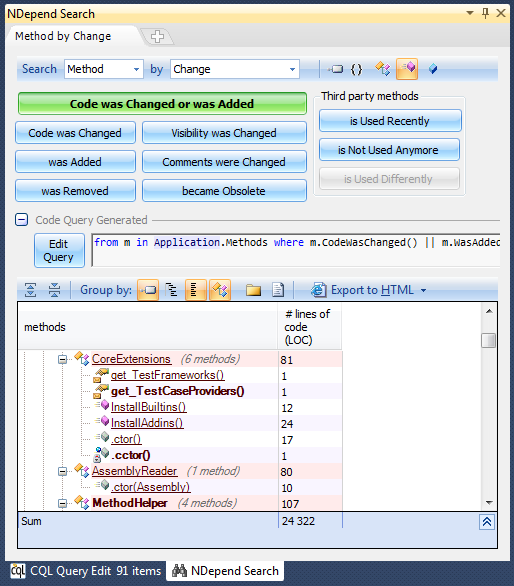 ndepend search within the code delta since the baseline with code query generation