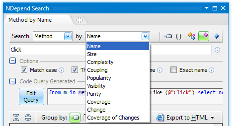 ndepend search code element by various criteria with code query refined