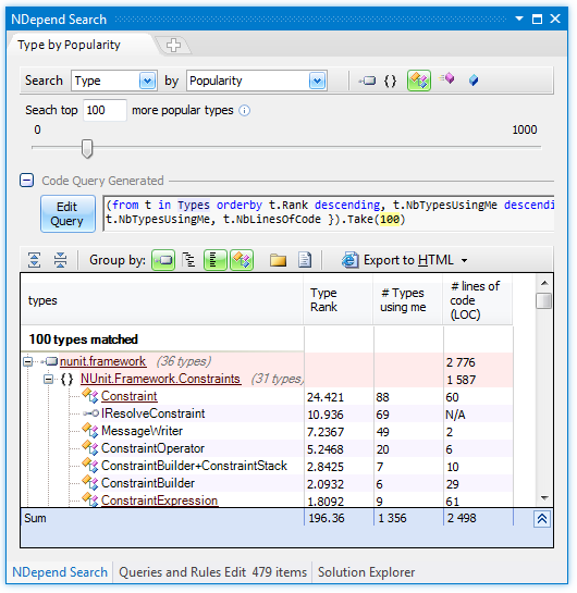 ndepend search classes by popularity with code query generation