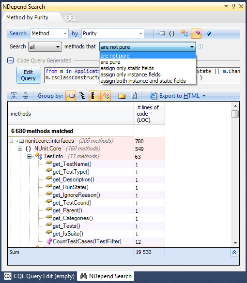 ndepend search methods by purity with code query generation