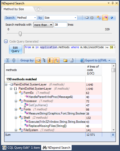 ndepend search methods by size with code query generation