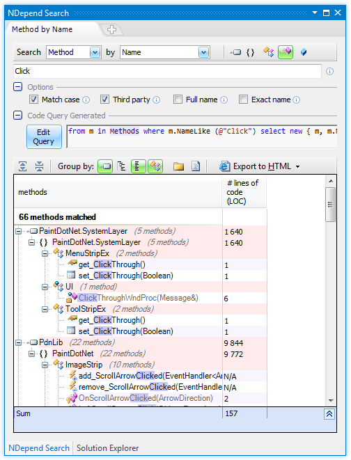 ndepend search methods by name with code query generation