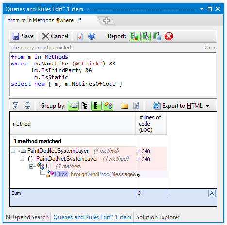 ndepend search methods by name with code query refined