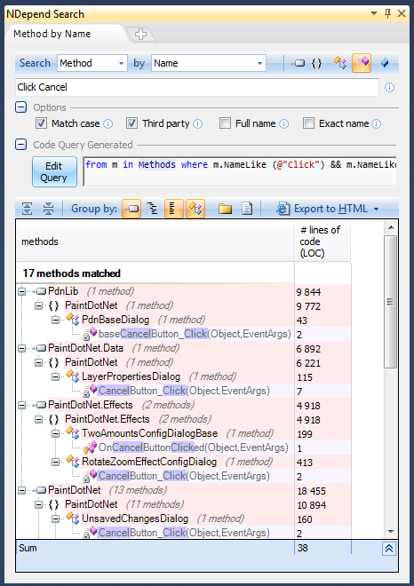 ndepend search methods by name with code query generation with multiple regular expressions