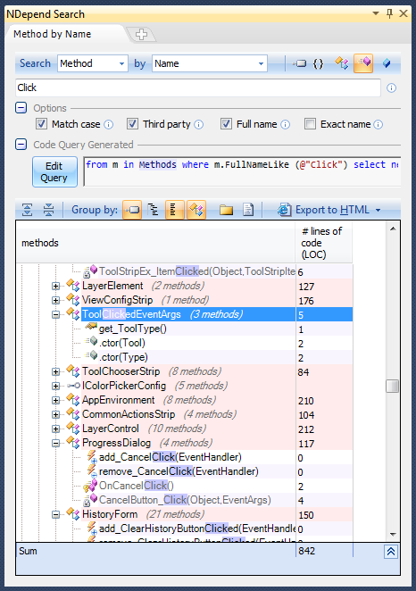 ndepend search methods by full name with code query generation
