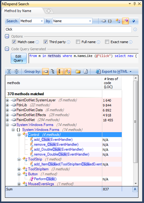ndepend search third-party methods by name with code query generation