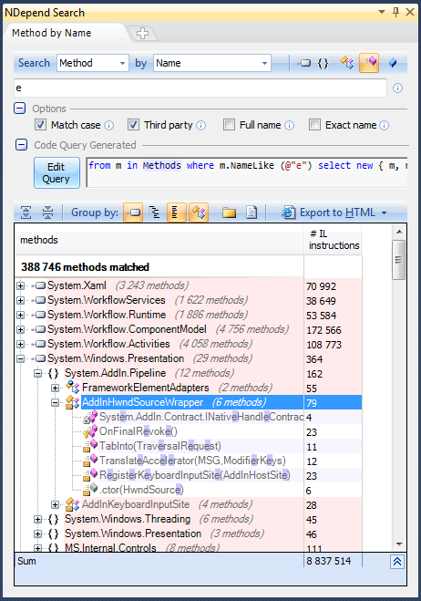 ndepend search methods by name with code query generation on a large code base
