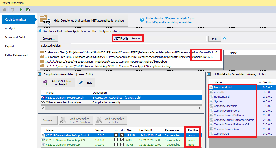 NDepend analyzing a Xamarin Application