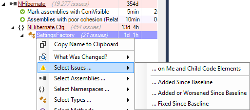 NDepend Issue Menu on Code Element