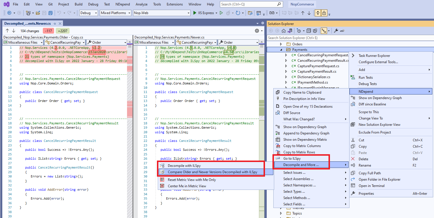 ILSpy Decompile and Compare with NDepend