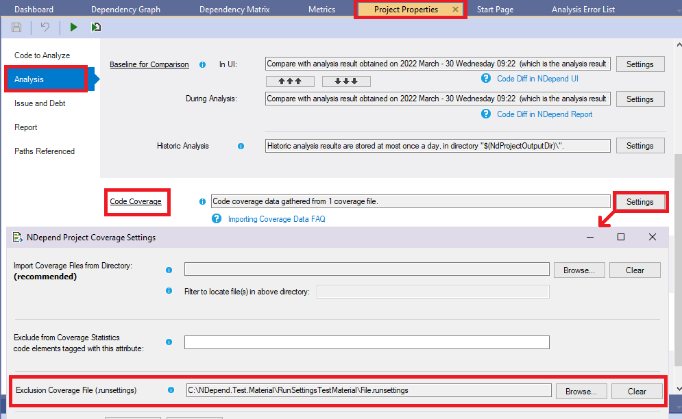 specify a runsettings file from NDepend project