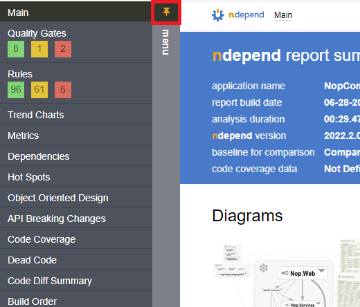 NDepend 2022.2 report with pinnable menu