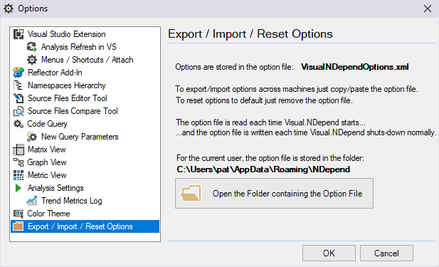 NDepend Options Persisted File