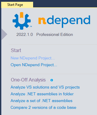 NDepend Start Page and Project Creation